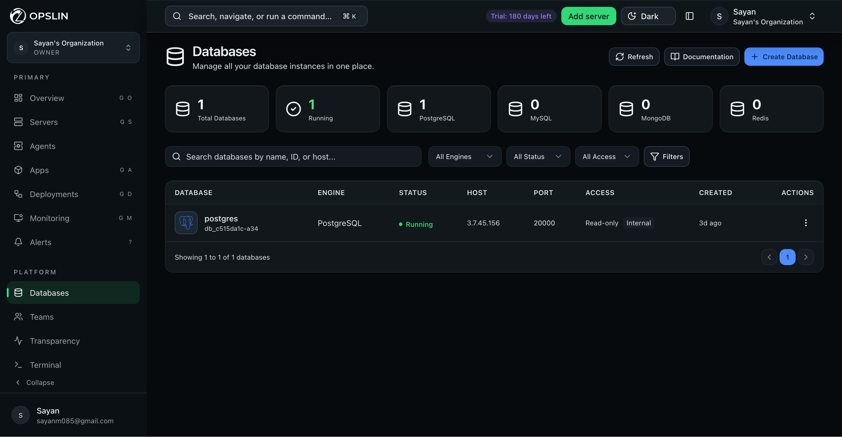 Opslin databases screen listing database instances by engine, status, host, and access
