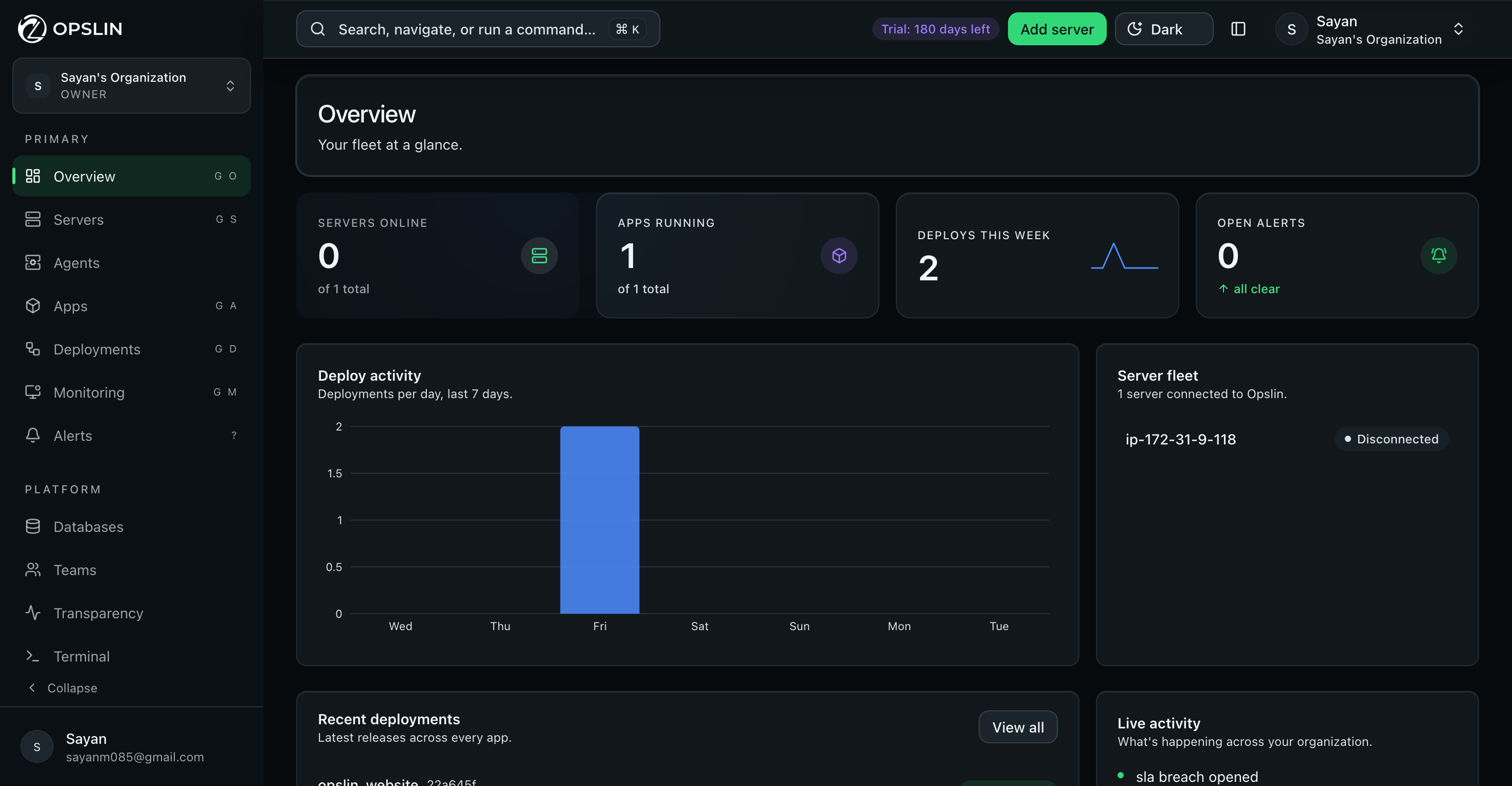 Opslin dashboard overview screen showing servers online, apps running, a deploy activity chart, and a live activity feed